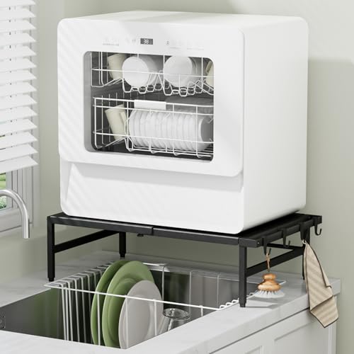 TKUIN 食洗機 ラック W38~60×D36×H17cm 伸縮食洗器ラック 棚 シンクに渡せる 食洗機台 高耐荷重60kg 頑丈・安定 食器洗い乾燥機 置き台 段差対応アジャスター付き 滑り止め フック4個付き 布巾や引っ掛け収納 シンクサイド シンク上収納 作業スペース確保 省スペース おしゃれ スリム (ブラック)